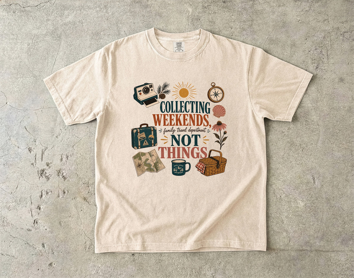 Collecting Weekends Not Things Family Getaway Shirt in Ivory – flat lay