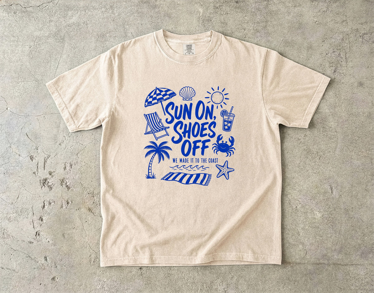 Sun On Shoes Off Beach Vacation Shirt in Ivory – flat lay