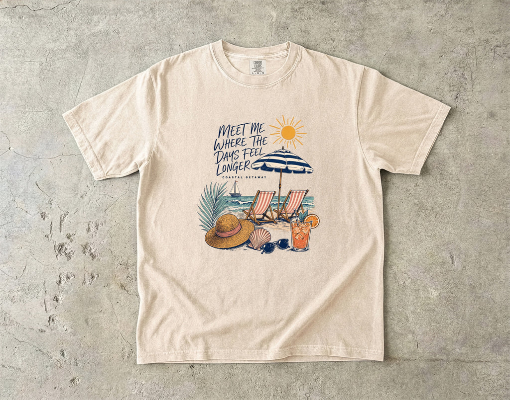 Meet Me Where the Days Feel Longer Beach Vacation Shirt in Ivory – flat lay