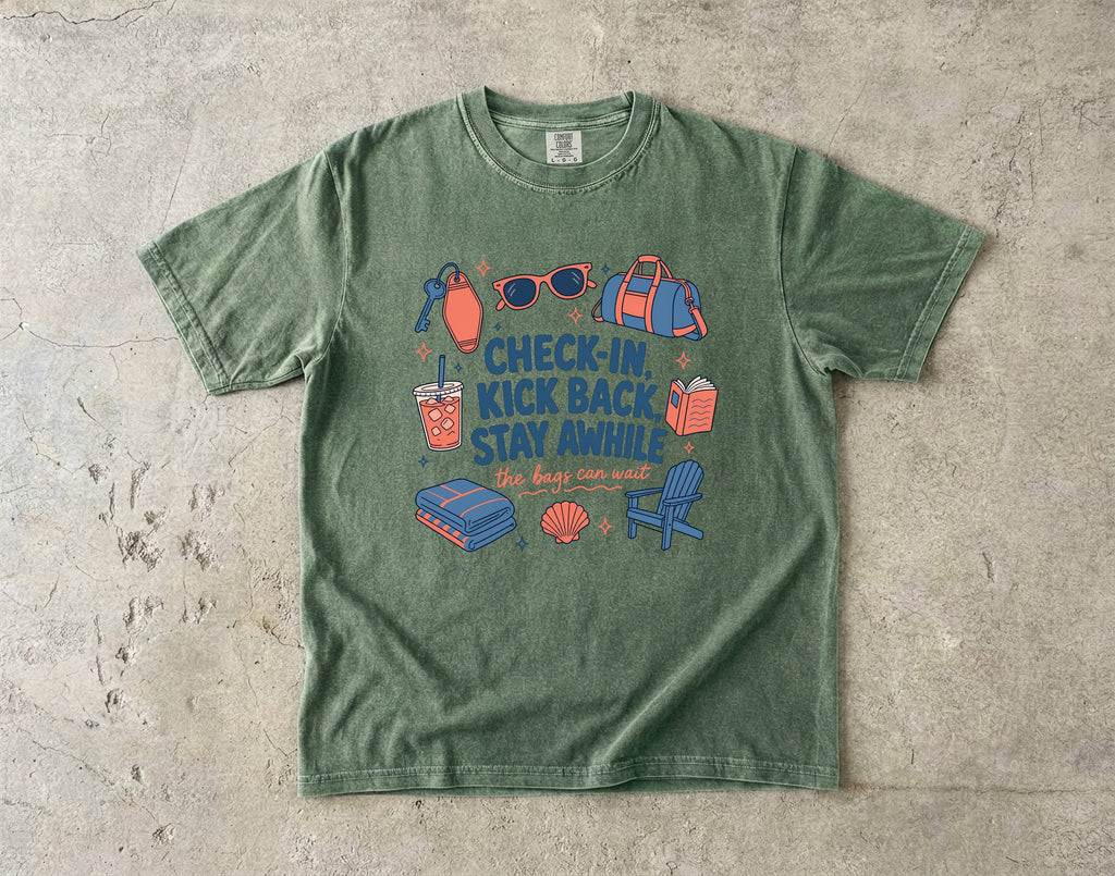 Check-In Kick Back Stay Awhile Family Getaway Shirt in Moss – flat lay