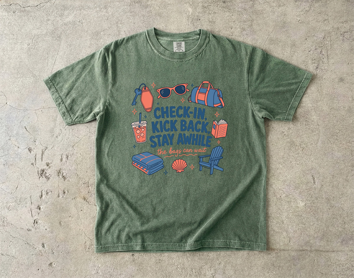 Check-In Kick Back Stay Awhile Family Getaway Shirt in Moss – flat lay