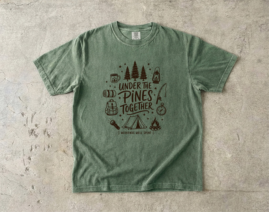 Under the Pines Together Camping Shirt in Moss – flat lay
