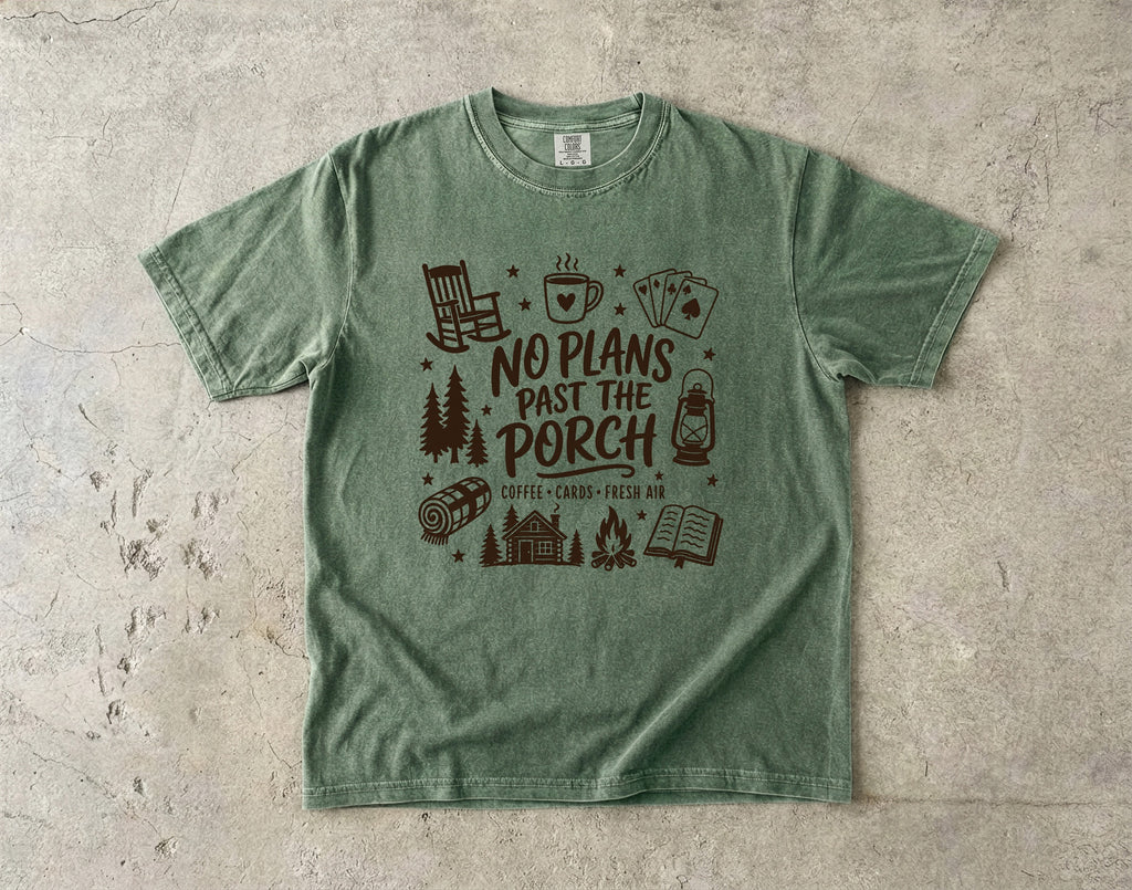 No Plans Past the Porch Cabin Weekend Shirt in Moss – flat lay