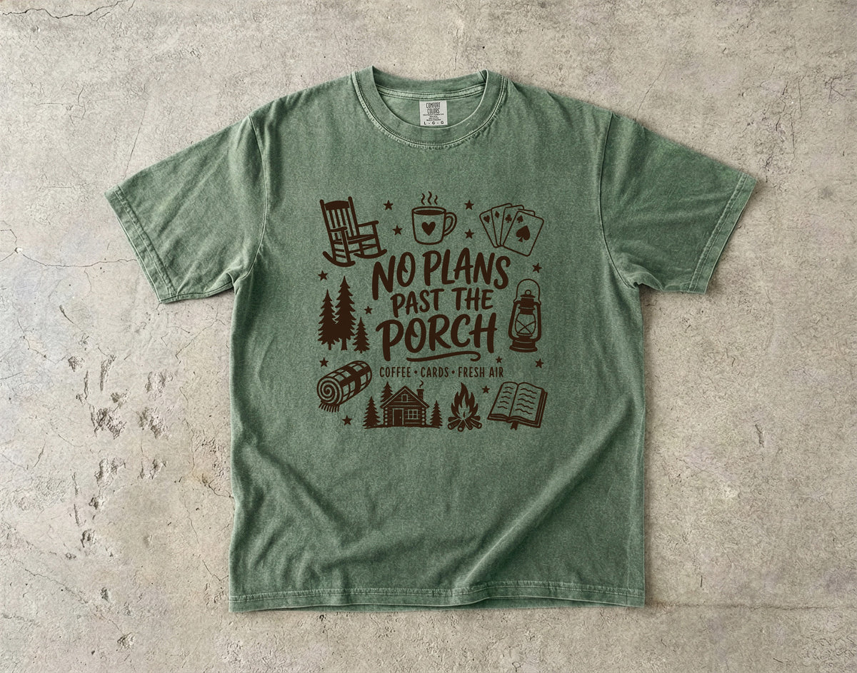 No Plans Past the Porch Cabin Weekend Shirt in Moss – flat lay