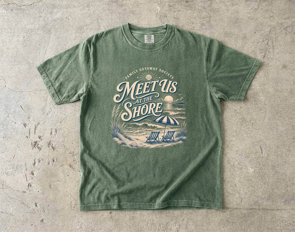 Meet Us at the Shore Beach Vacation Shirt in Moss – flat lay