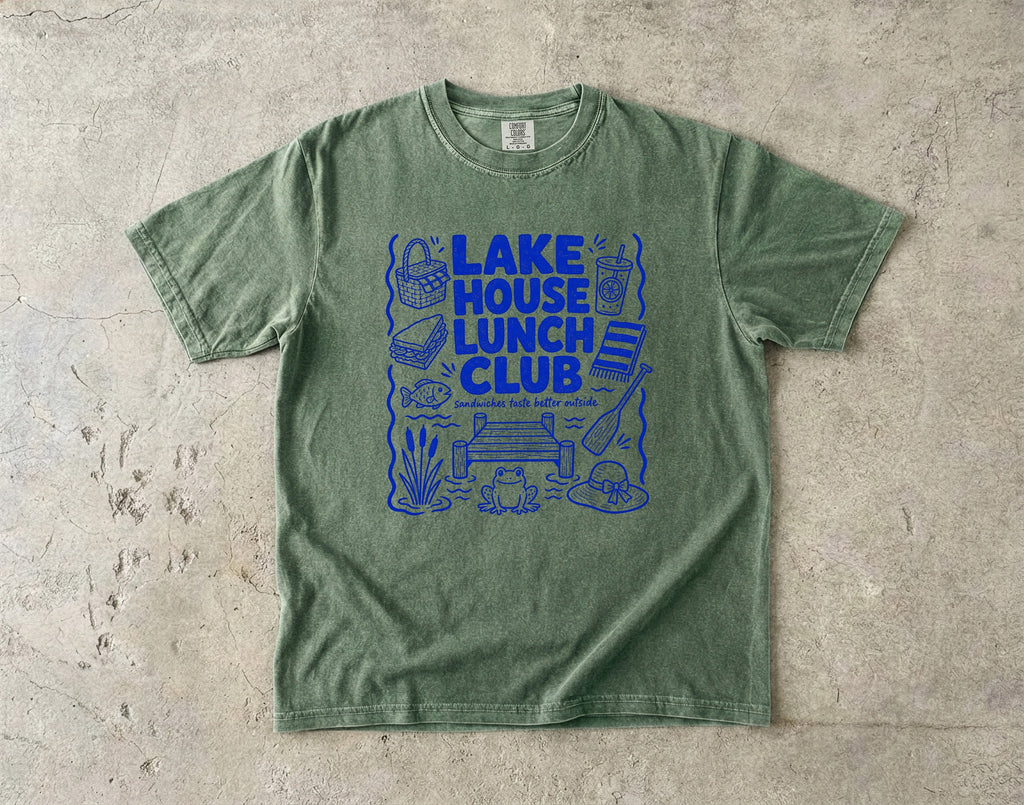 Lake House Lunch Club Lake Vacation Shirt in Moss – flat lay