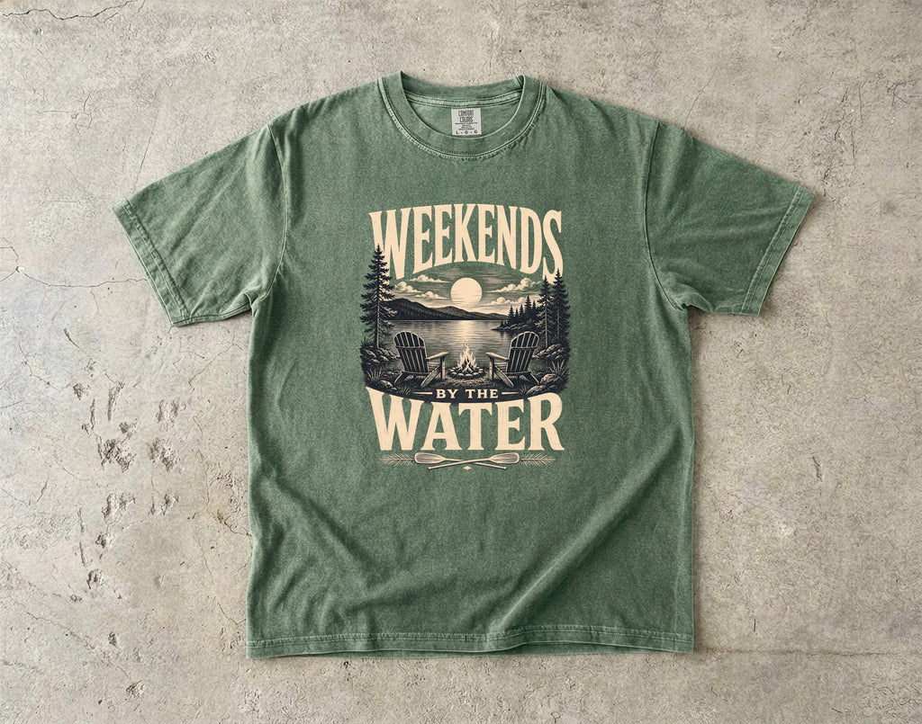 Weekends by the Water Lake Vacation Shirt in Moss – flat lay