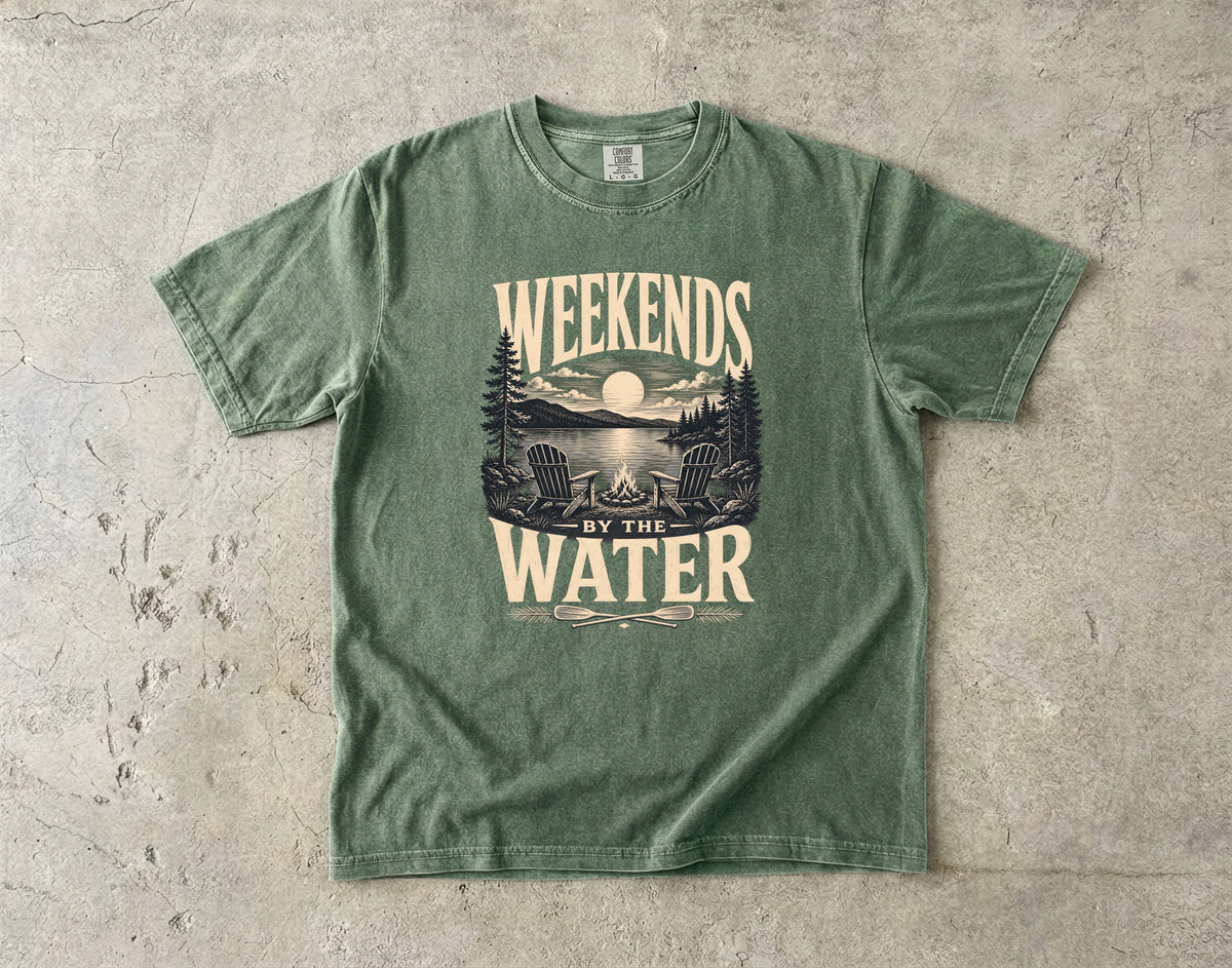 Weekends by the Water Lake Vacation Shirt in Moss – flat lay