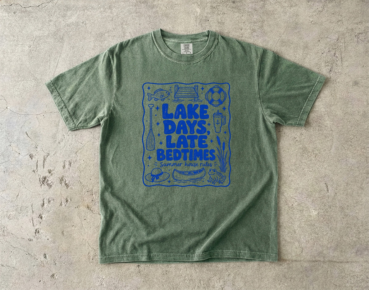 Lake Days Late Bedtimes Lake Vacation Shirt in Moss – flat lay