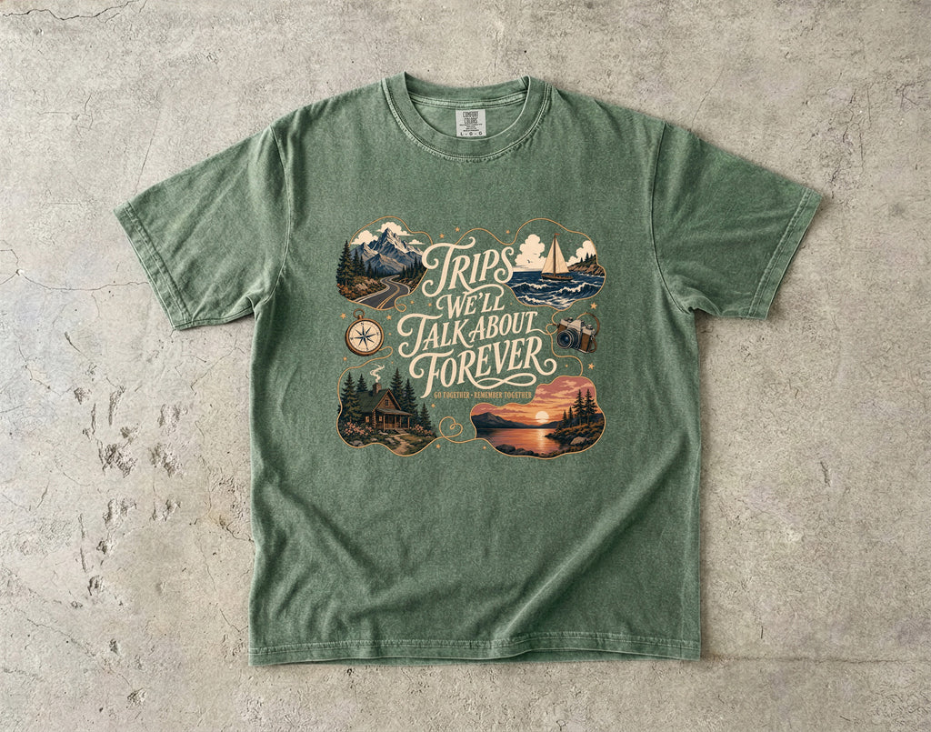 Trips We'll Talk About Forever Family Travel Shirt in Moss – flat lay