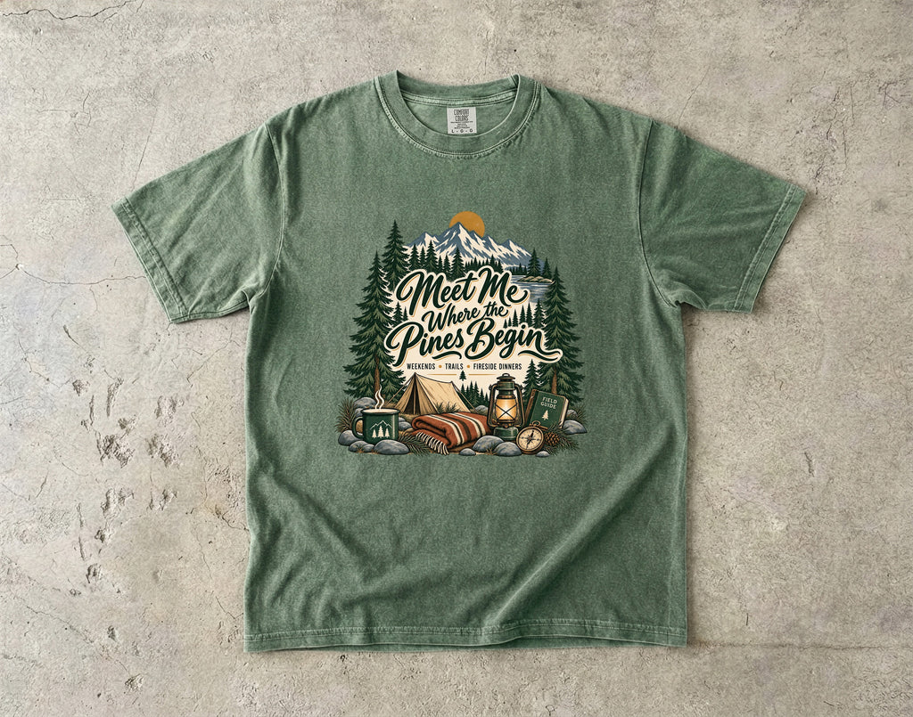 Meet Me Where the Pines Begin Mountain Camping Shirt in Moss – flat lay