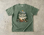 Meet Me Where the Pines Begin Mountain Camping Shirt in Moss – flat lay