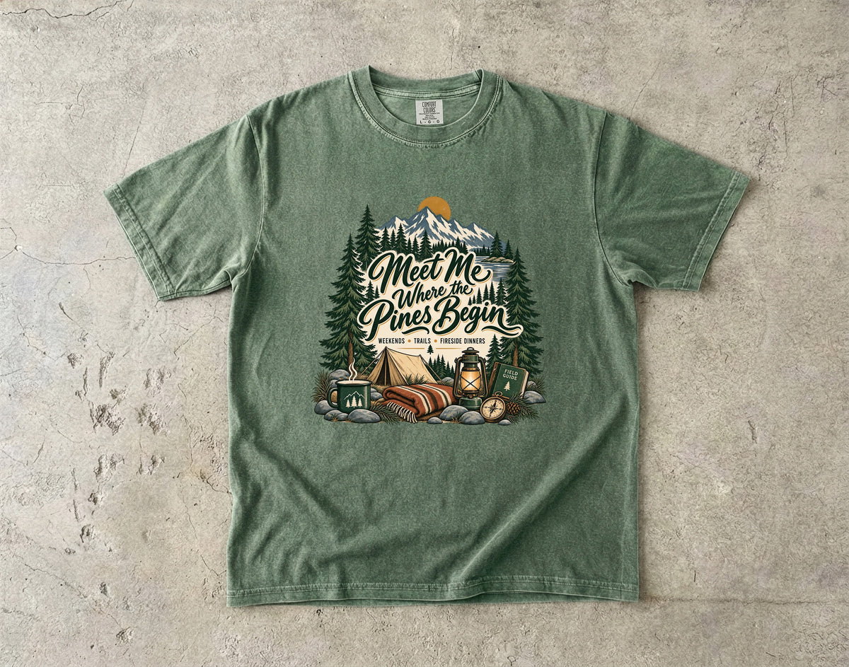 Meet Me Where the Pines Begin Mountain Camping Shirt in Moss – flat lay
