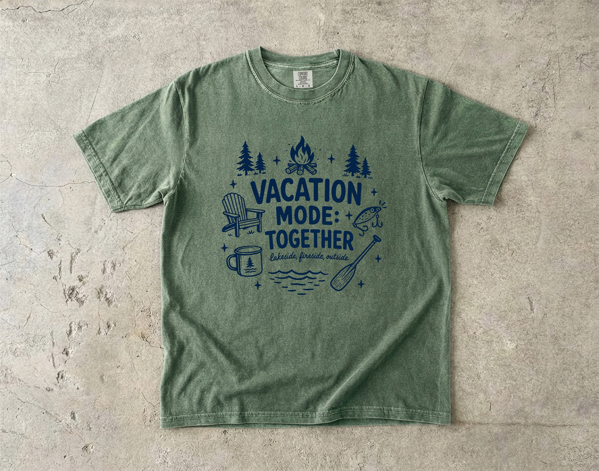 Vacation Mode Together Lake Vacation Shirt in Moss – flat lay