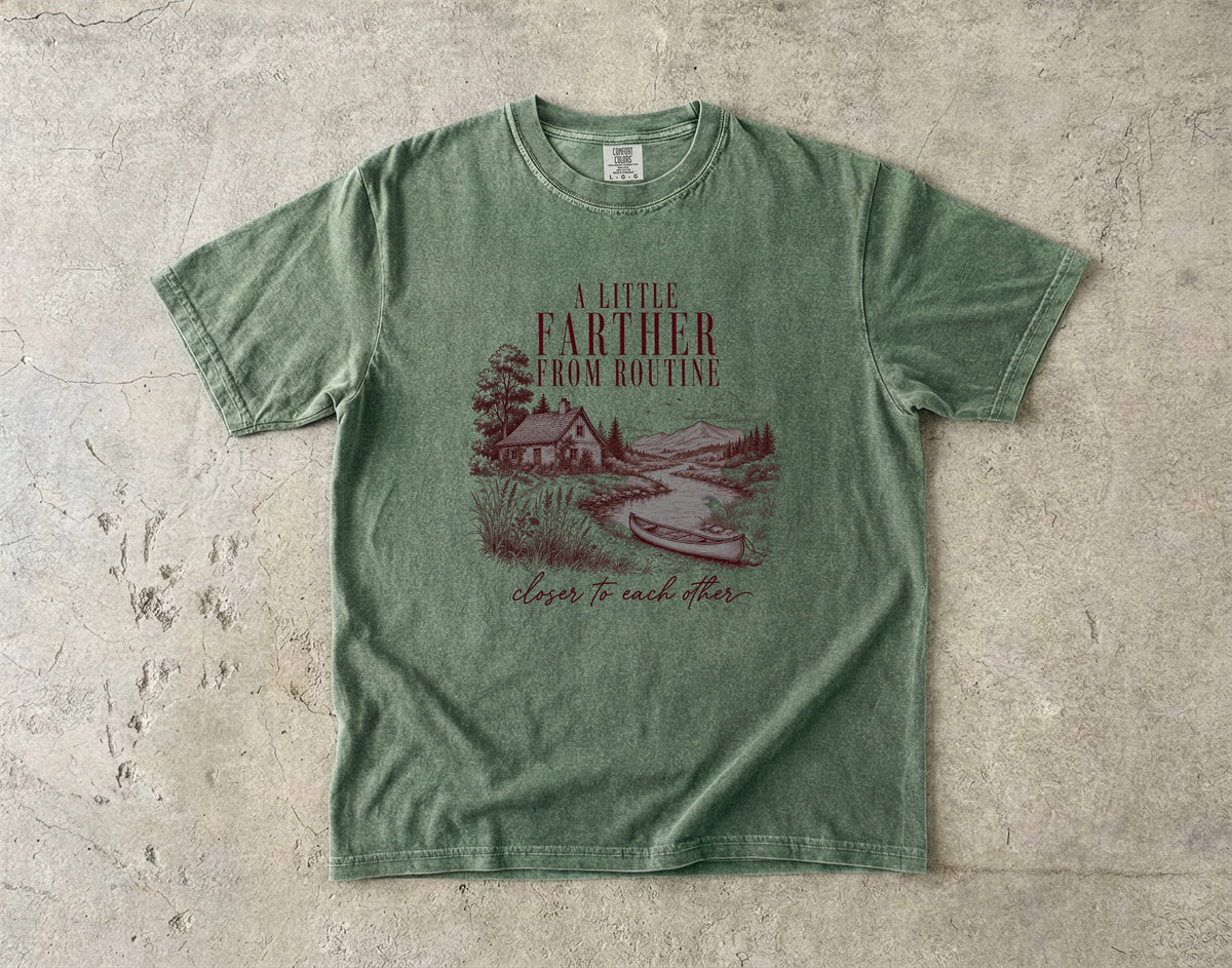 A Little Farther from Routine Family Getaway Shirt in Moss – flat lay