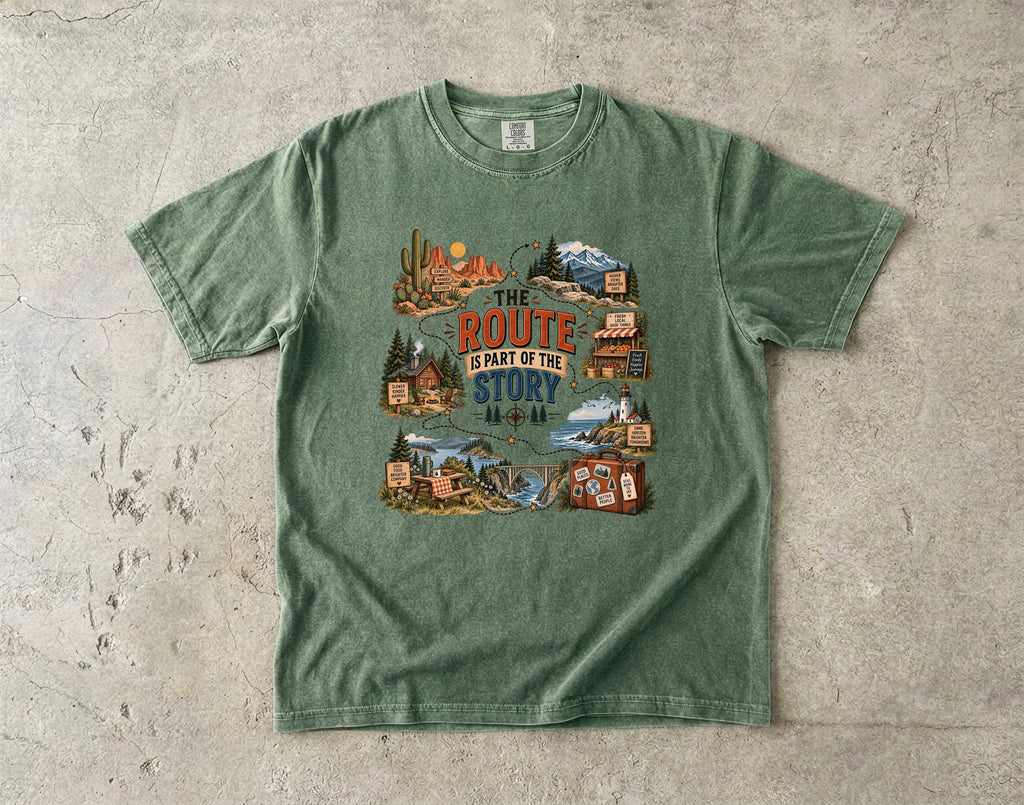 The Route Is Part of the Story Road Trip Shirt in Moss – flat lay