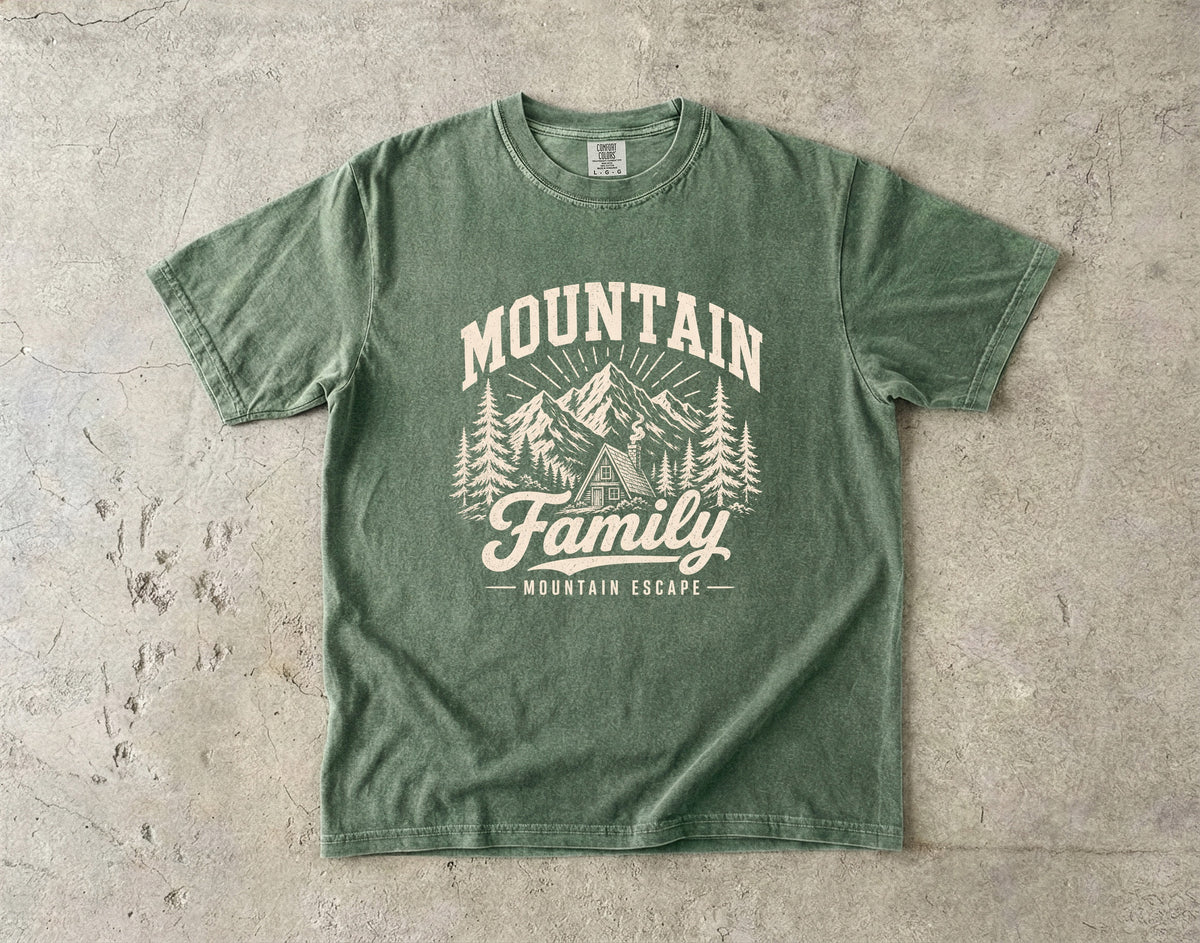 Family Mountain Escape Shirt in Moss – flat lay