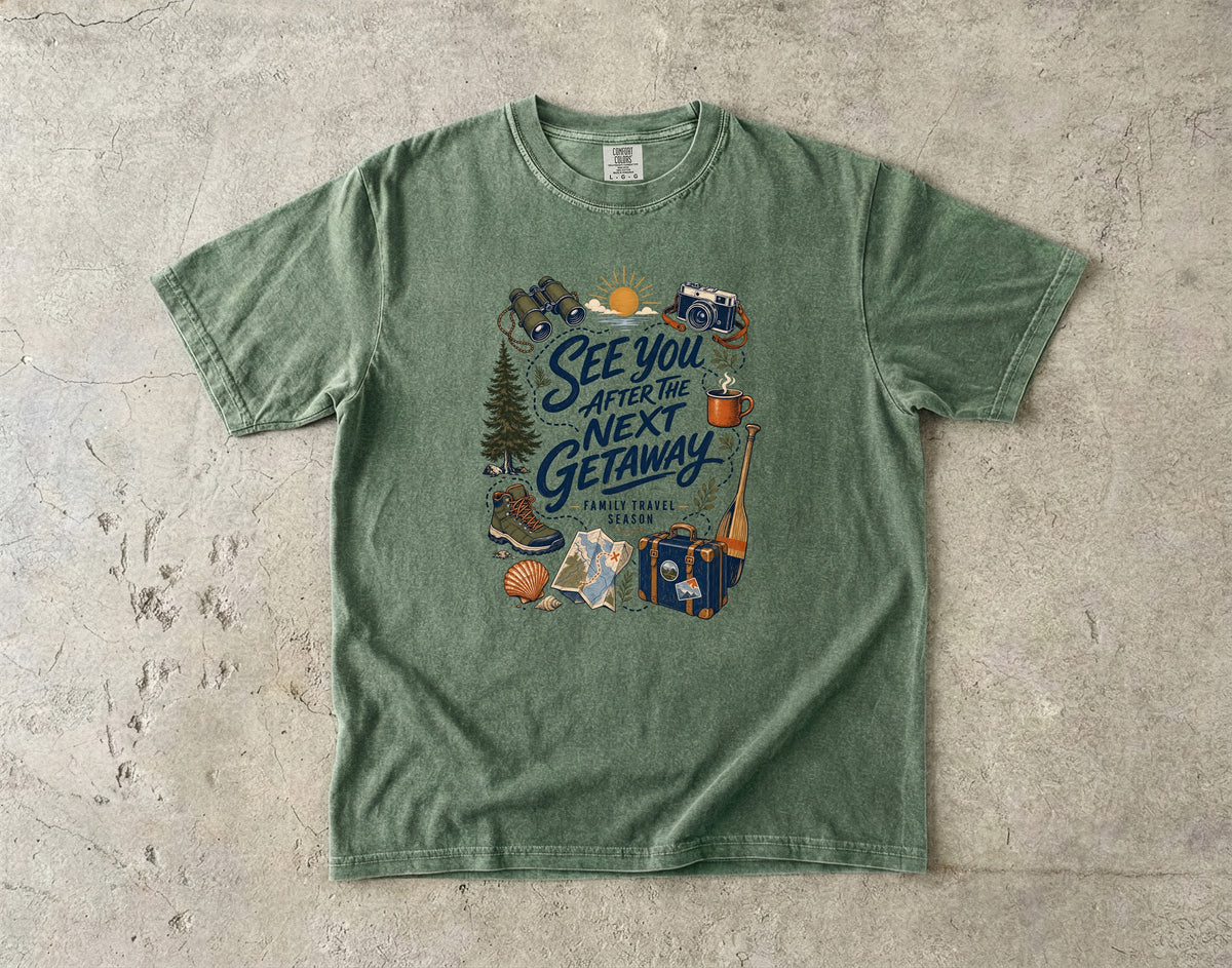 See You After the Next Getaway Family Travel Shirt in Moss – flat lay