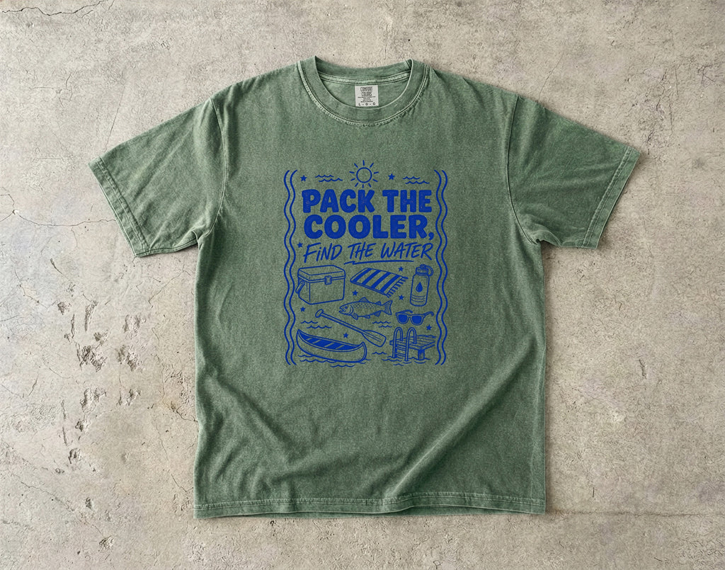 Pack the Cooler Find the Water Beach Vacation Shirt in Moss – flat lay
