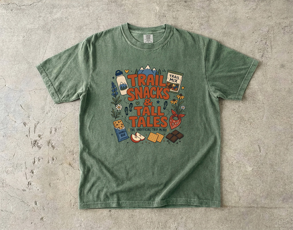 Trail Snacks and Tall Tales Mountain Adventure Shirt in Moss – flat lay