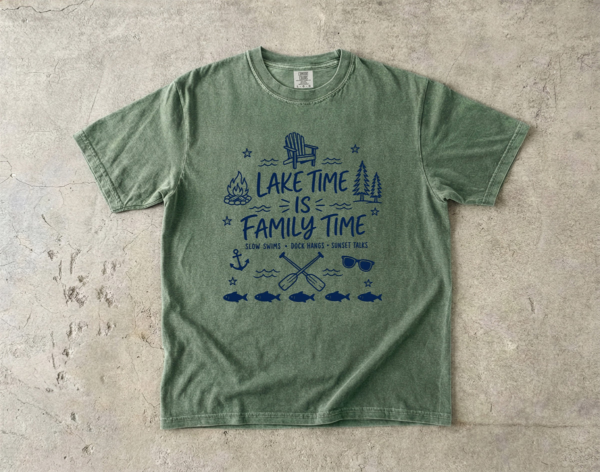 Lake Time Is Family Time Lake Vacation Shirt in Moss – flat lay