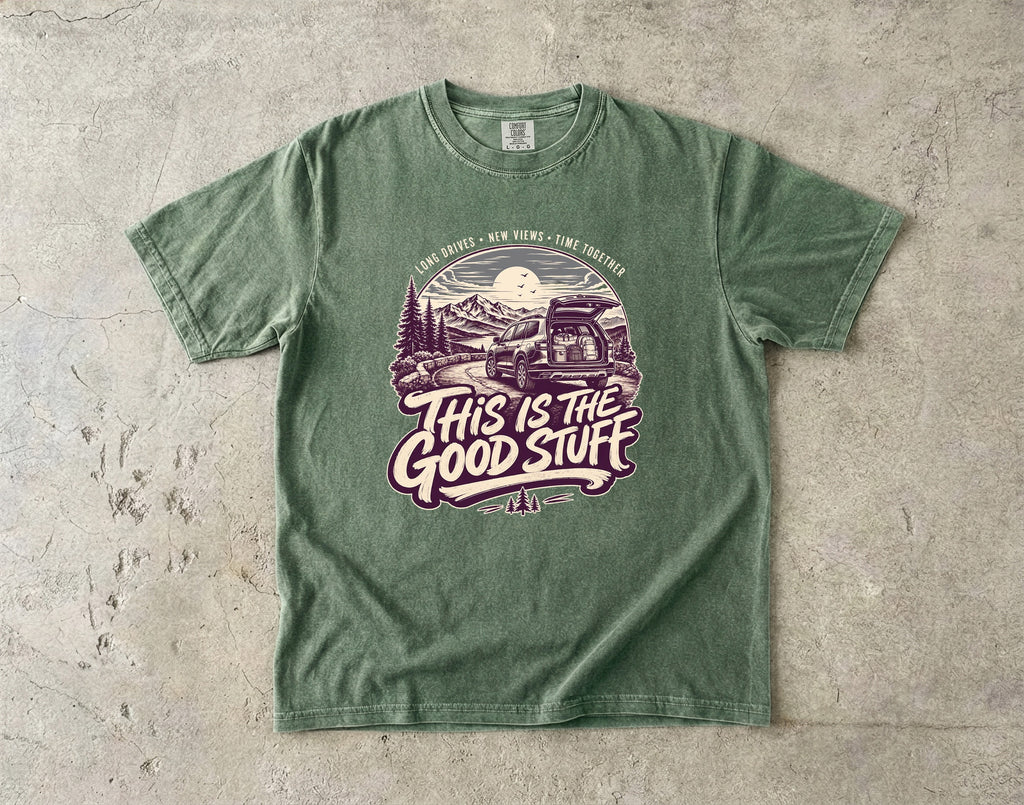 This Is the Good Stuff Road Trip Shirt in Moss – flat lay