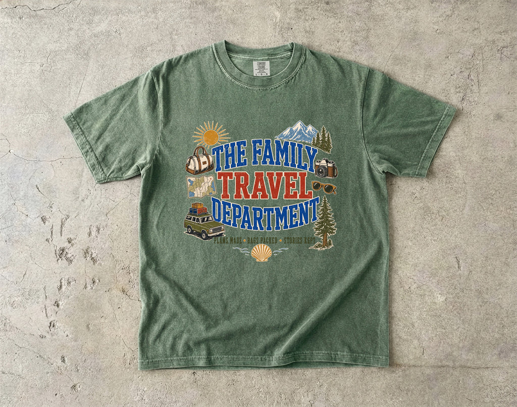 The Family Travel Department Road Trip Shirt in Moss – flat lay