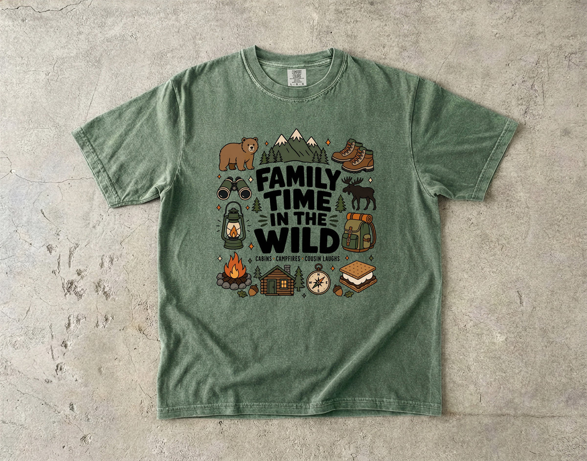 Family Time in the Wild Camping Shirt in Moss – flat lay