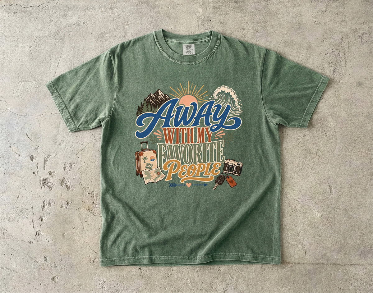 Away with My Favorite People Travel Mom Shirt in Moss – flat lay