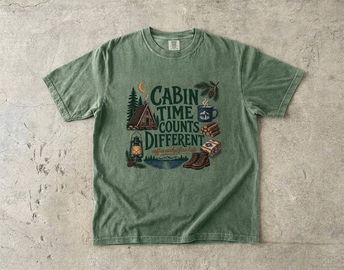 Cabin Time Counts Different Cabin Weekend Shirt in Moss – flat lay