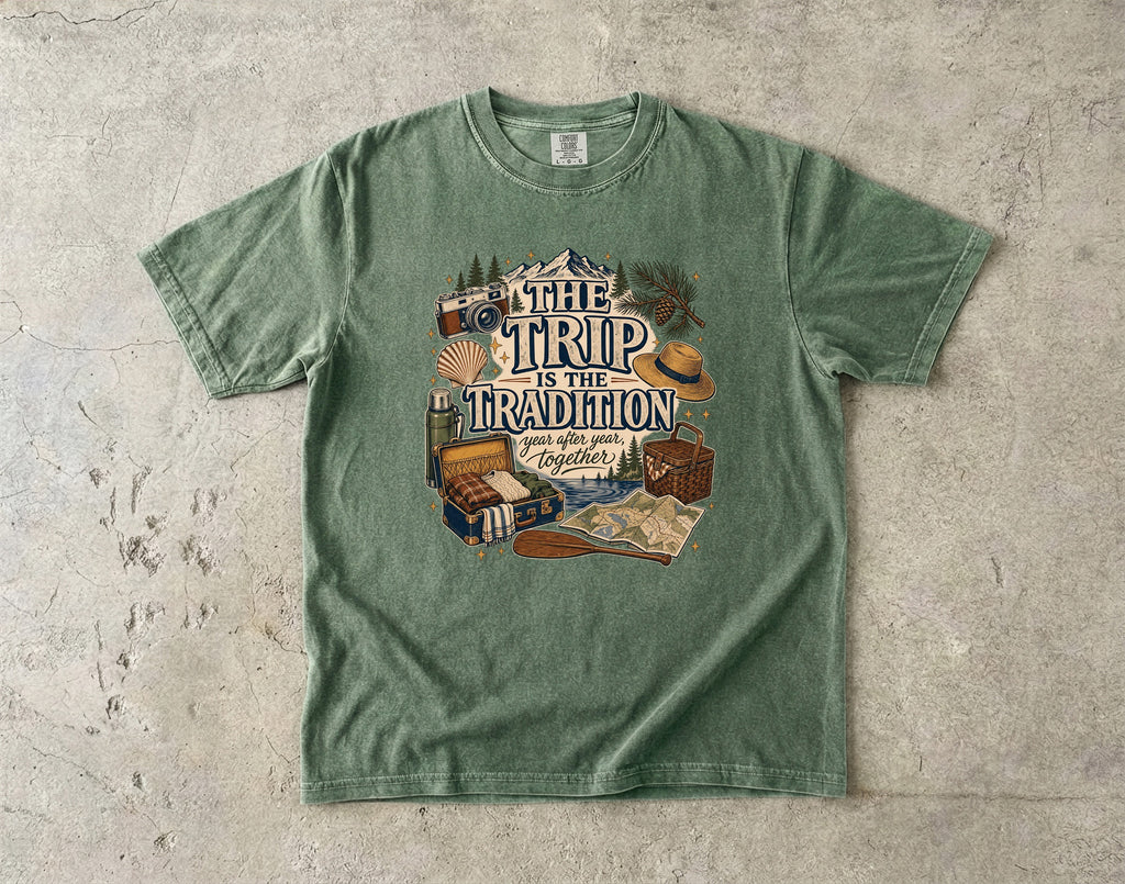 The Trip Is the Tradition Lake Vacation Shirt in Moss – flat lay