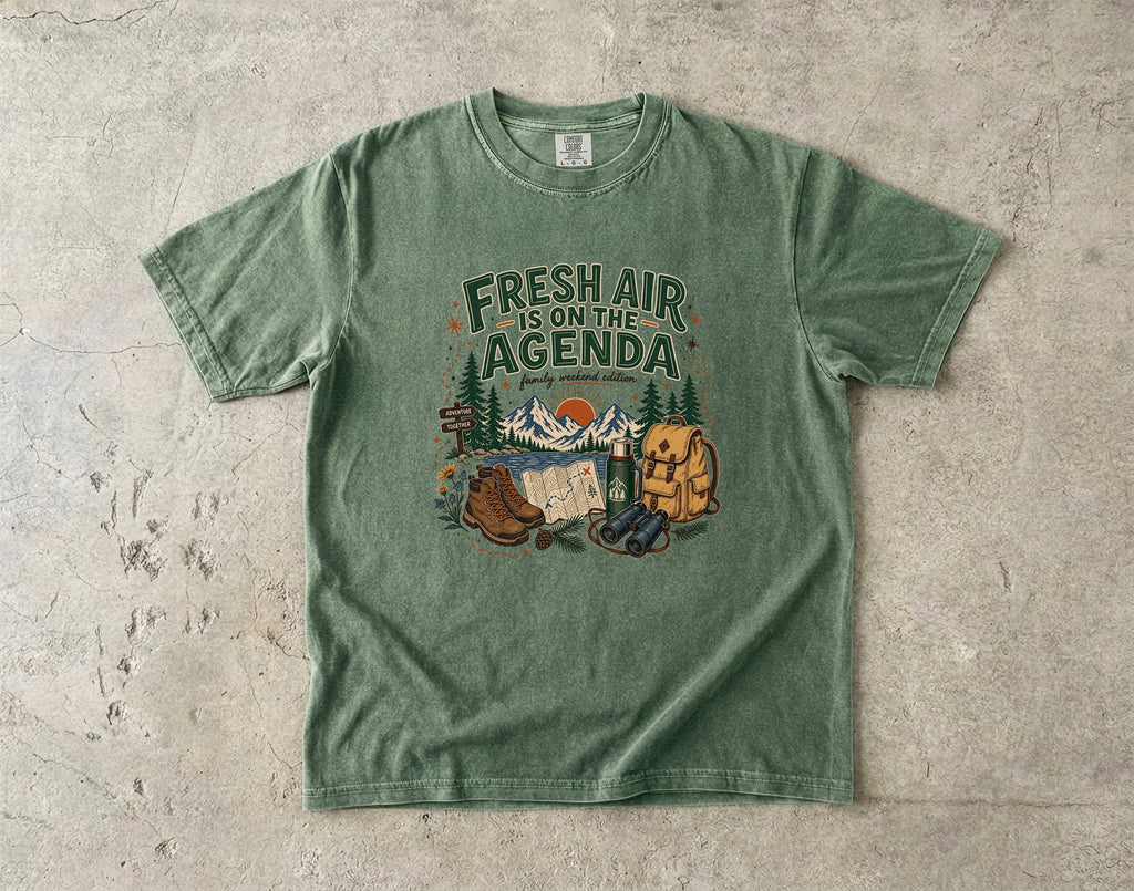 Fresh Air Is on the Agenda Mountain Adventure Shirt in Moss – flat lay