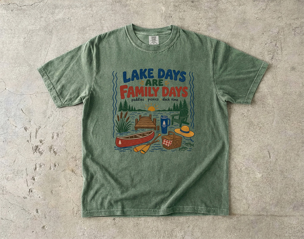Lake Days Are Family Days Lake Vacation Shirt in Moss – flat lay