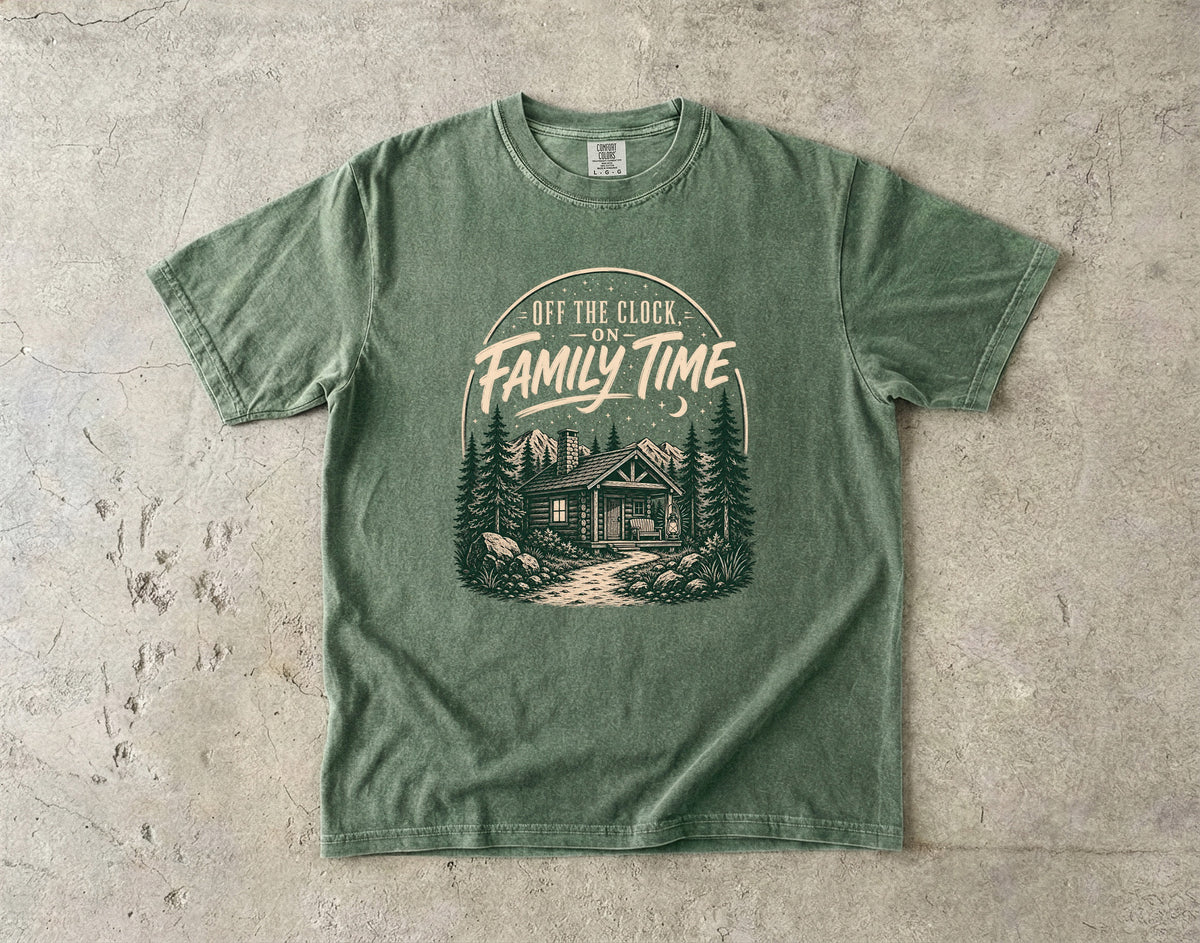 Off the Clock on Family Time Cabin Weekend Shirt in Moss – flat lay