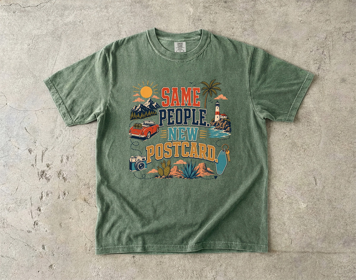 Same People New Postcard Road Trip Shirt in Moss – flat lay