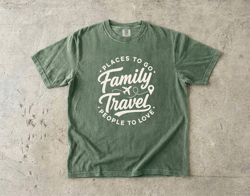 Family Travel Places to Go People to Love Shirt in Moss – flat lay