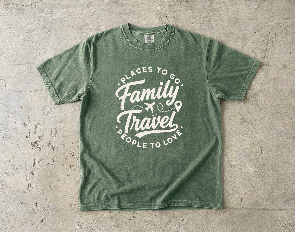 Family Travel Places to Go People to Love Shirt in Moss – flat lay
