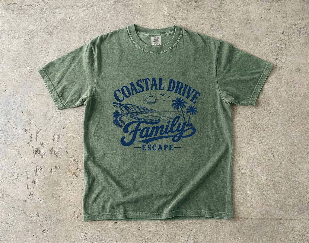 Coastal Drive Family Escape Shirt in Moss – flat lay