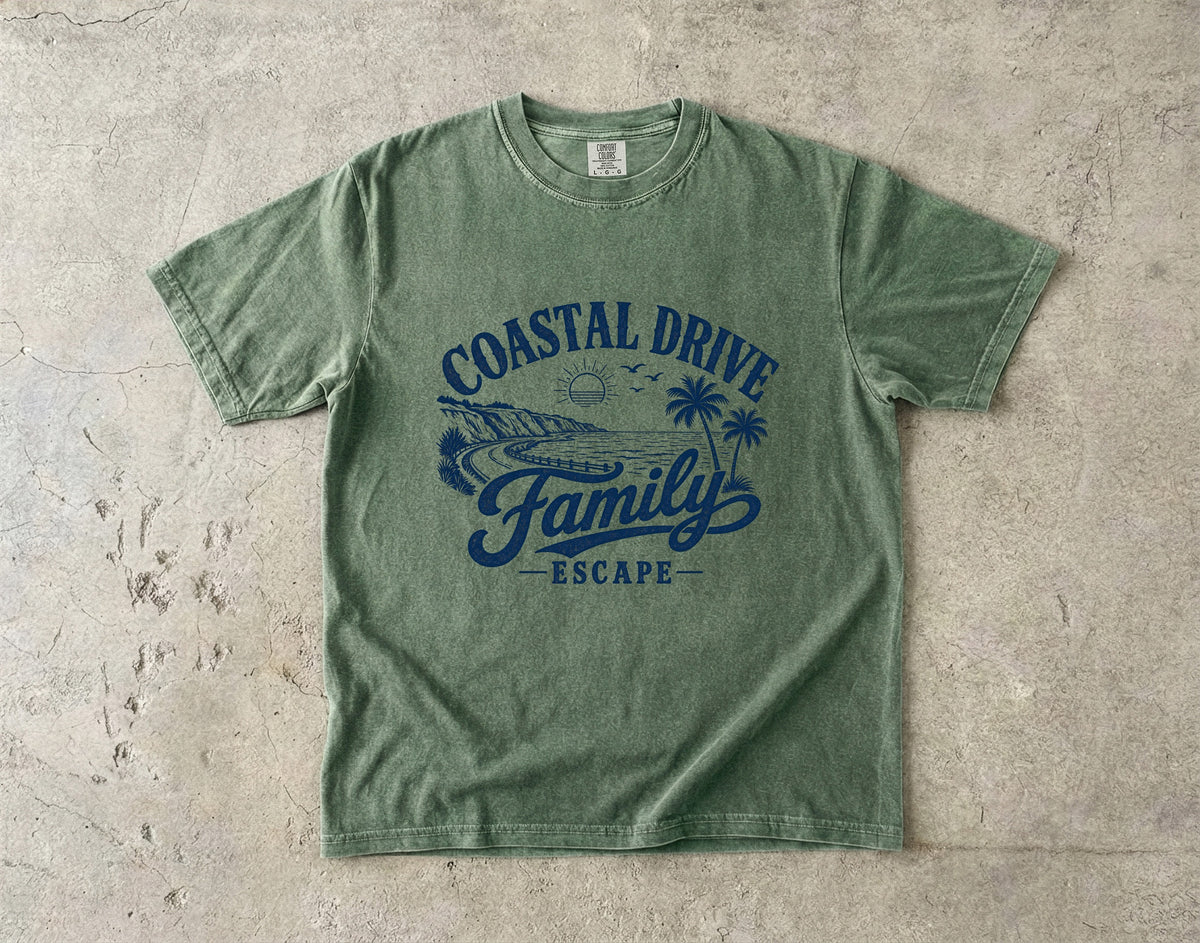 Coastal Drive Family Escape Shirt in Moss – flat lay