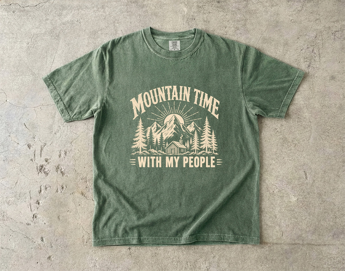 Mountain Time With My People Family Trip Shirt in Moss – flat lay