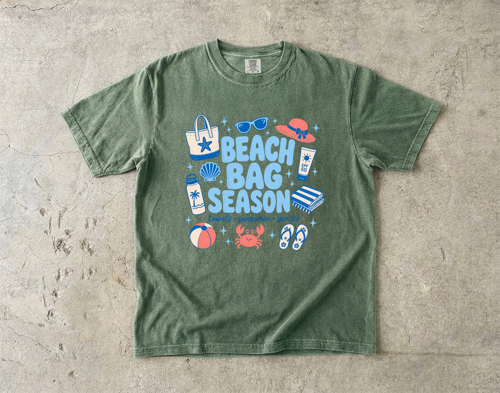 Beach Bag Season Beach Vacation Shirt in Moss – flat lay