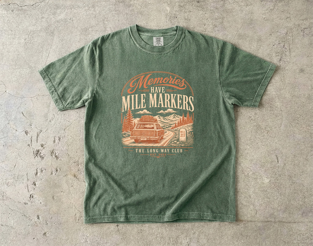 Memories Have Mile Markers Road Trip Shirt in Moss – flat lay