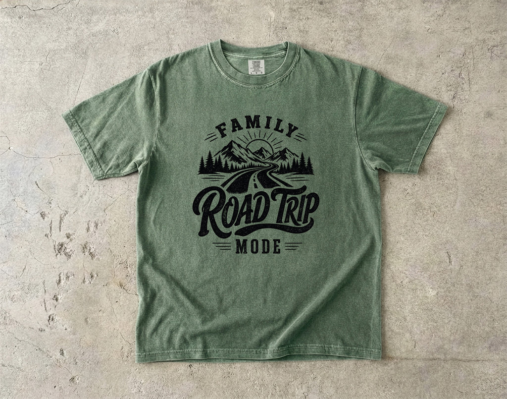 Family Road Trip Mode Shirt in Moss – flat lay