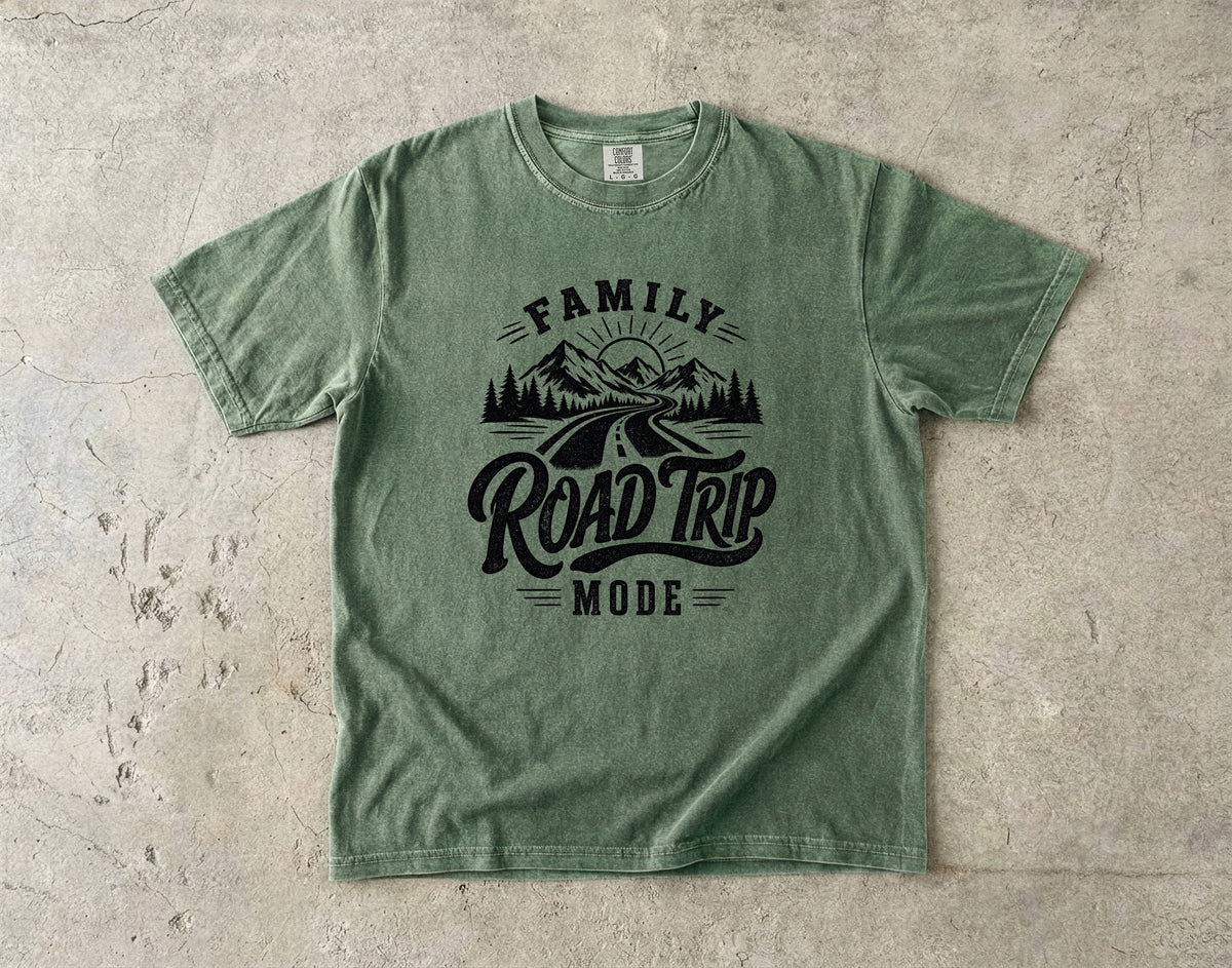 Family Road Trip Mode Shirt in Moss – flat lay