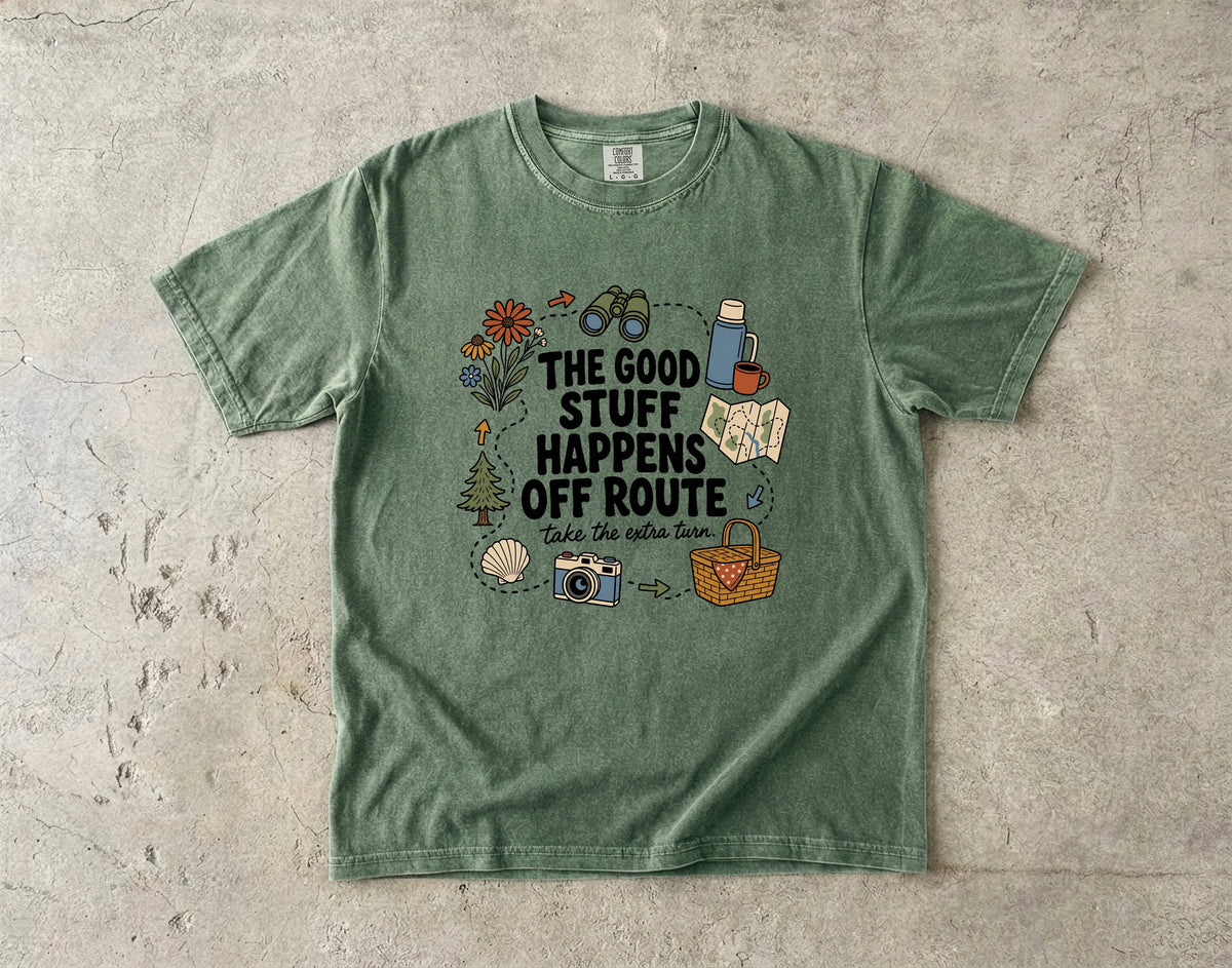The Good Stuff Happens Off Route Road Trip Shirt in Moss – flat lay