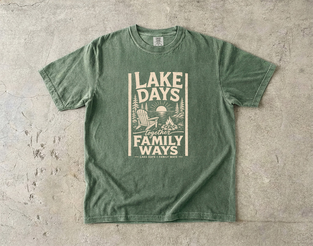 Lake Days Family Ways Vacation Shirt in Moss – flat lay