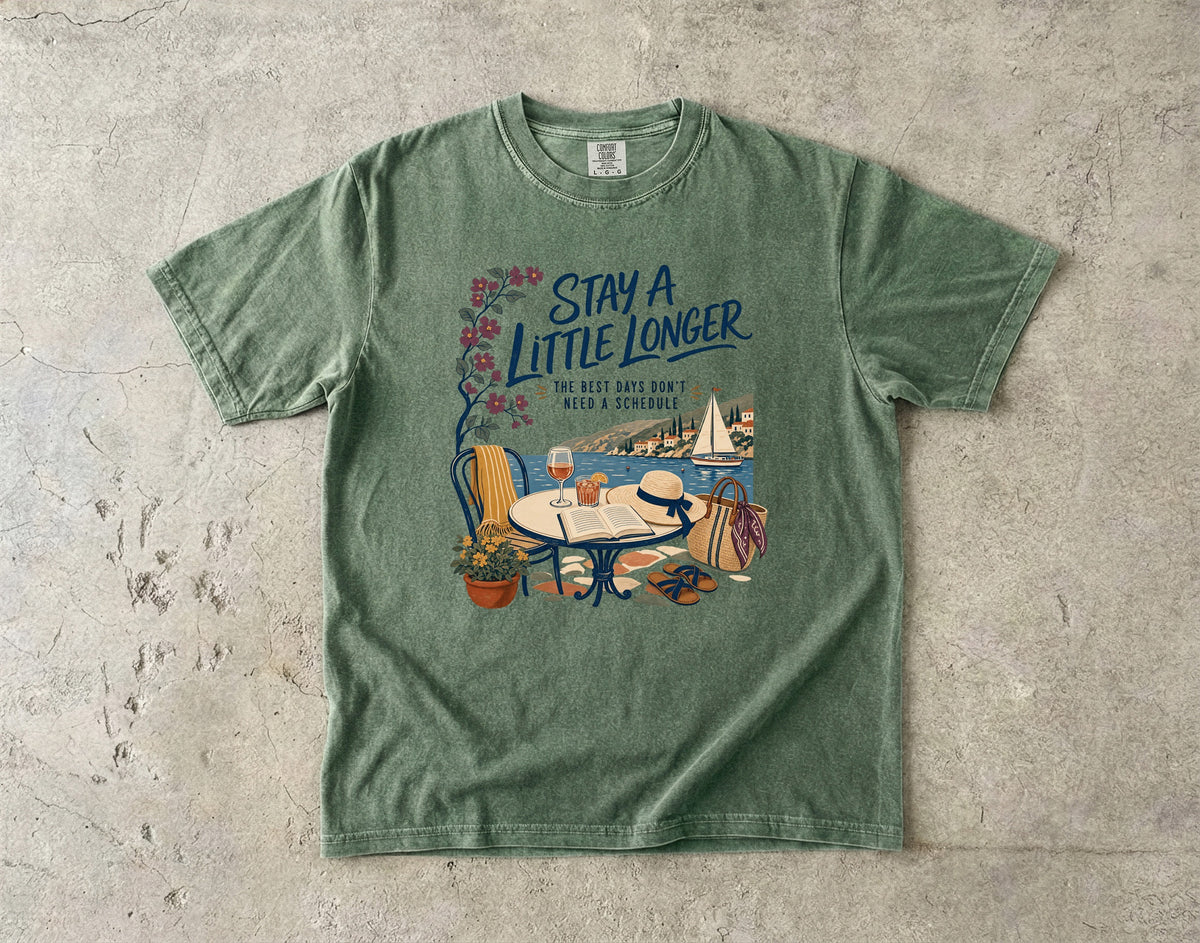 Stay a Little Longer Girls Trip Shirt in Moss – flat lay