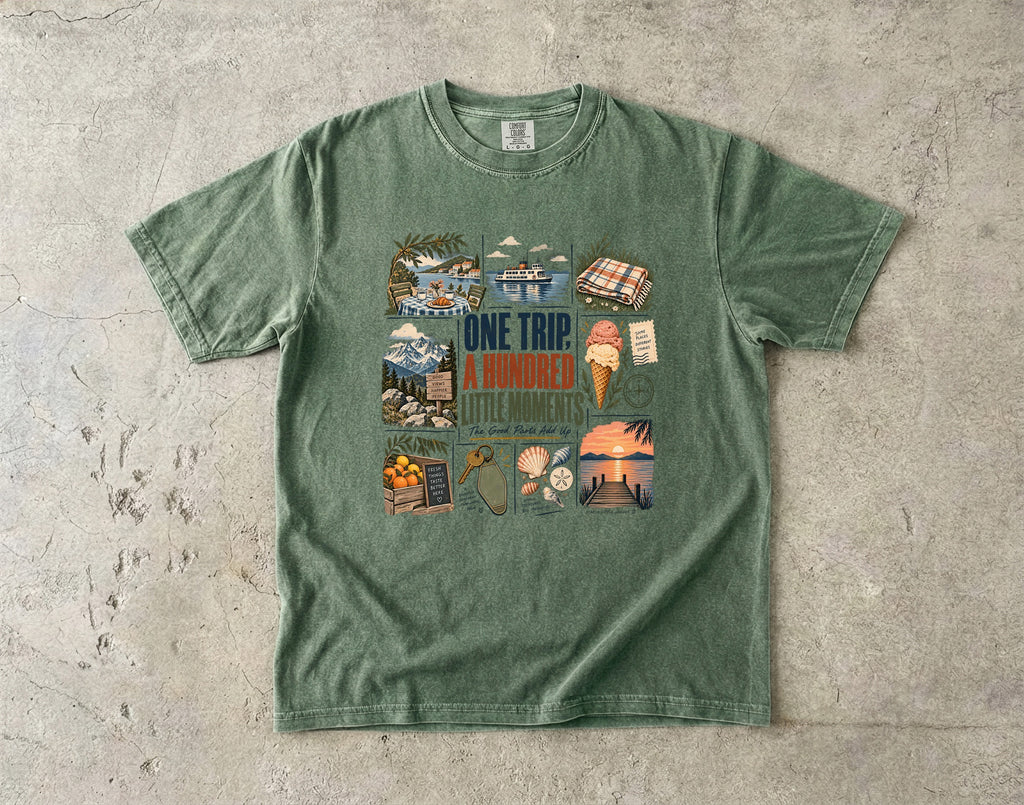 One Trip a Hundred Little Moments Family Travel Shirt in Moss – flat lay