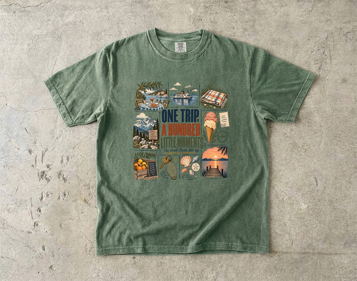 One Trip a Hundred Little Moments Family Travel Shirt in Moss – flat lay