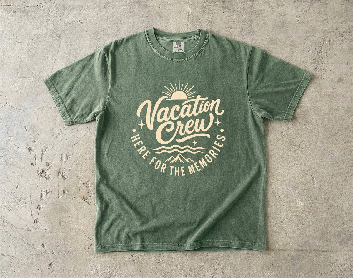 Vacation Crew Here for the Memories Shirt in Moss – flat lay